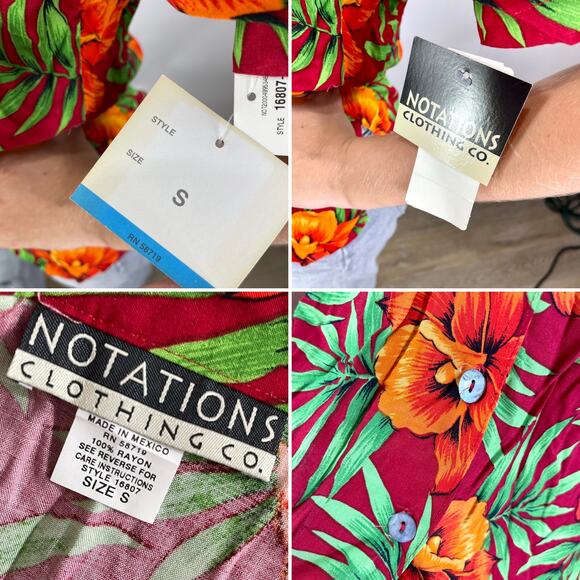90s NOTATIONS Vintage Red Floral Hawaiian Print Button Up - Picture 4 of 9
